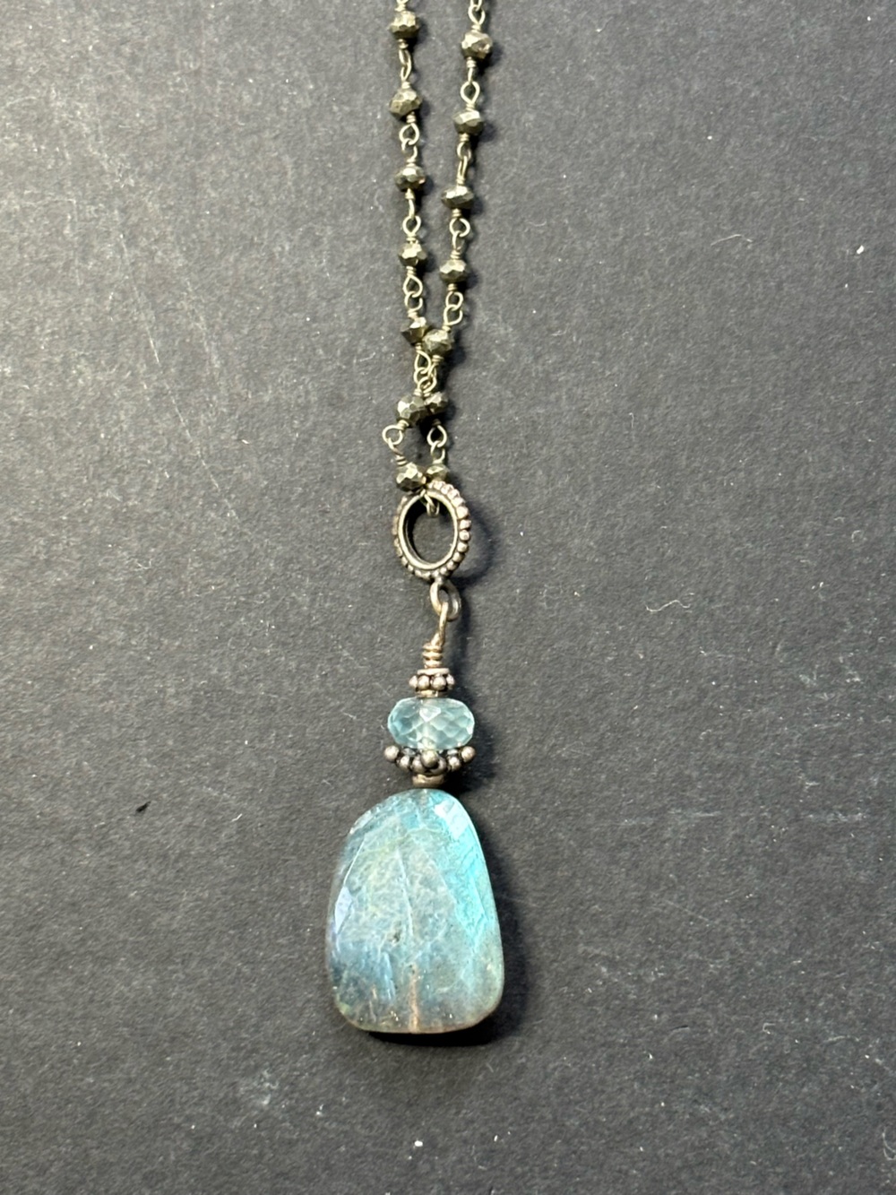 Delicate Gray Stone Pendant Necklace with Aqua Accent